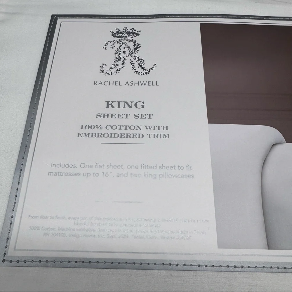 RACHEL ASHWELL KING Sheet Set White 200tc Cotton Percale Eyelet Scalloped Trim